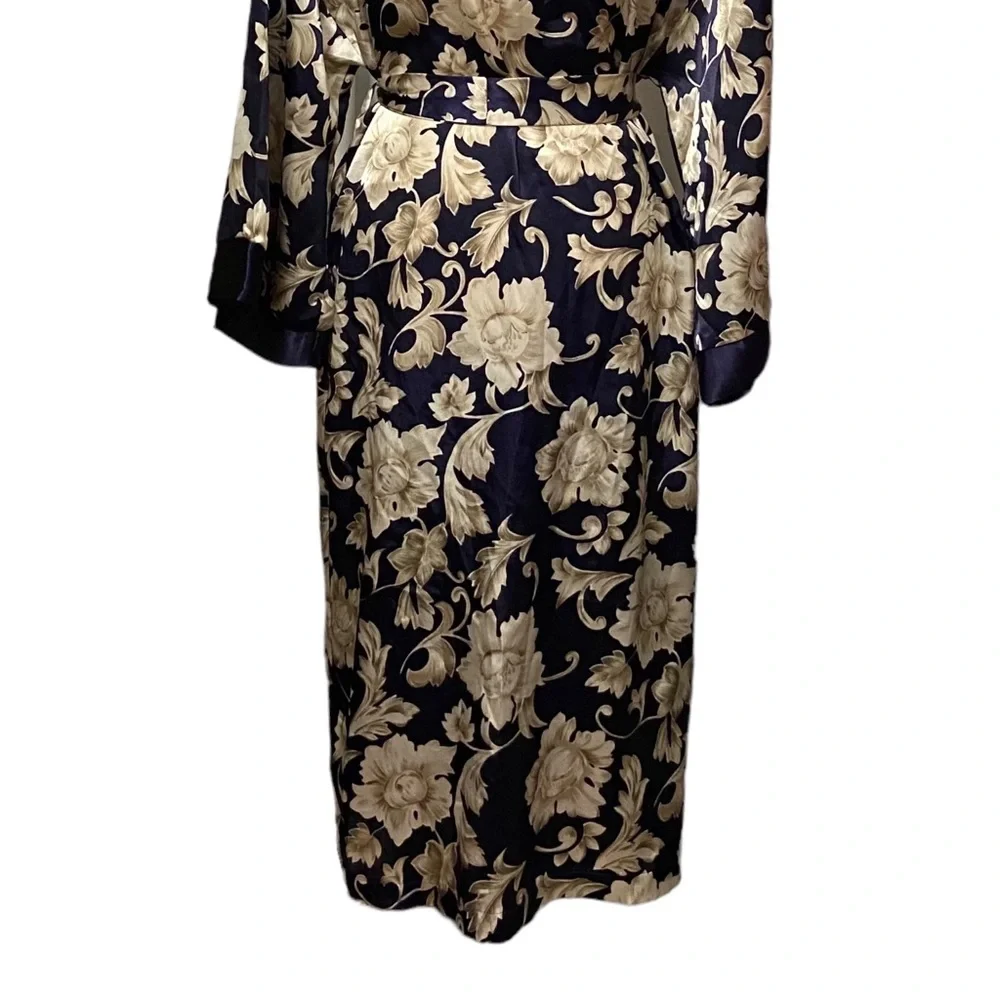 80’s VTG Adonna Kimono Satin Women’s Medium Floral Print Robe Navy Blue Romantic